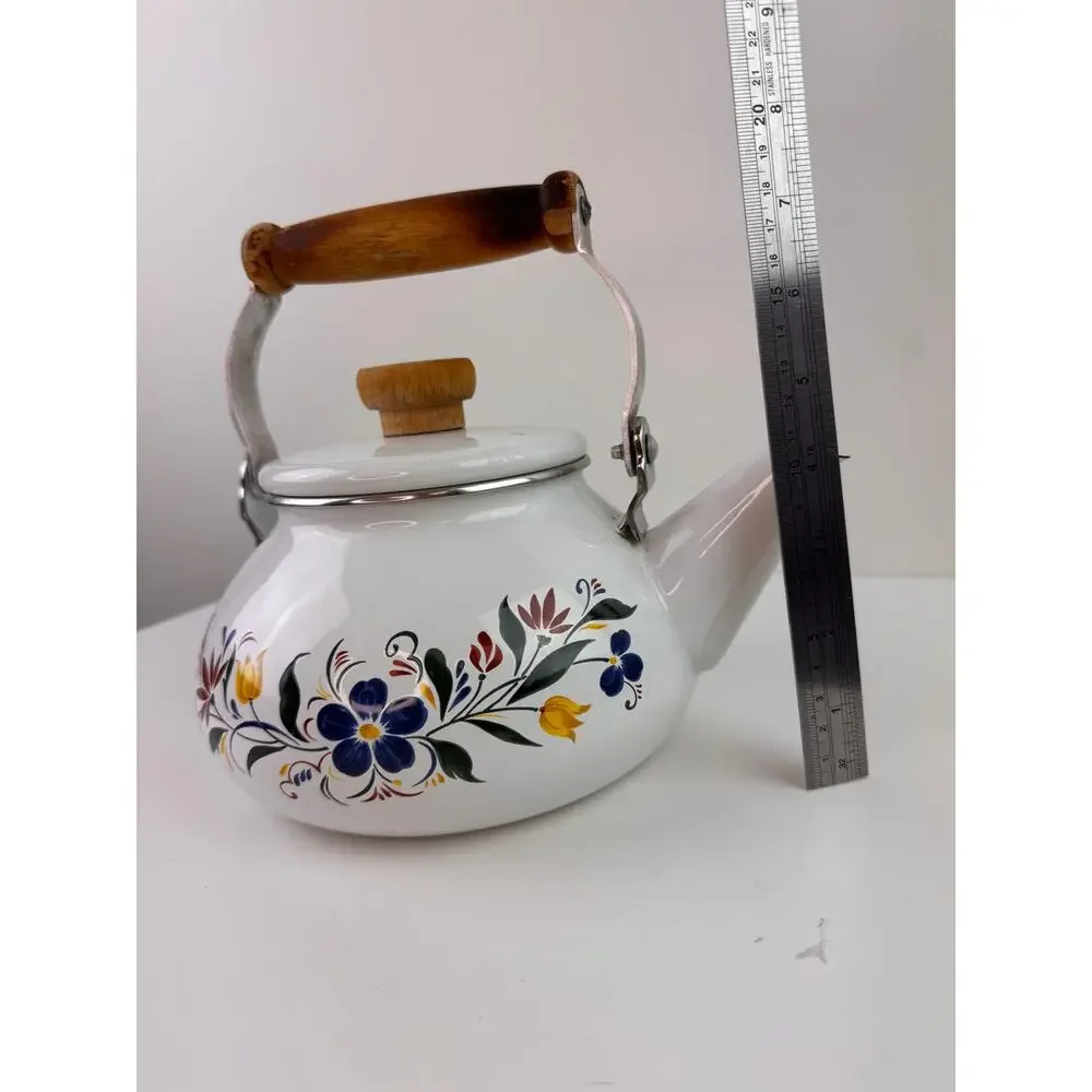 Vintage Master Cuisine Kettle White Tea Pot Floral Stainless Steel Wooden Handle